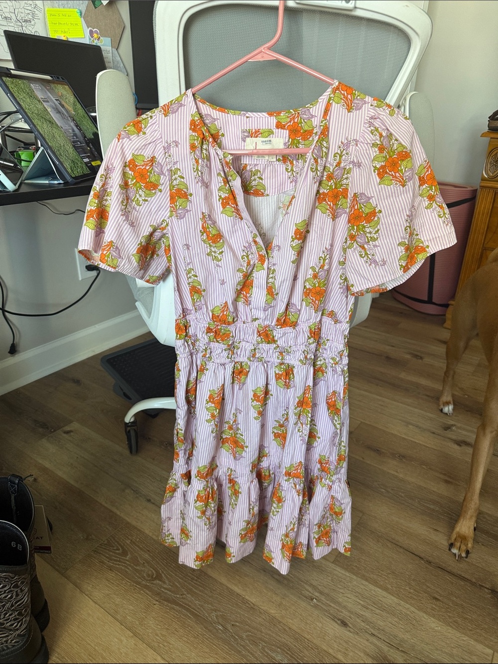 Anthropology Pink Floral Stripe Sundress with Orange Blossoms